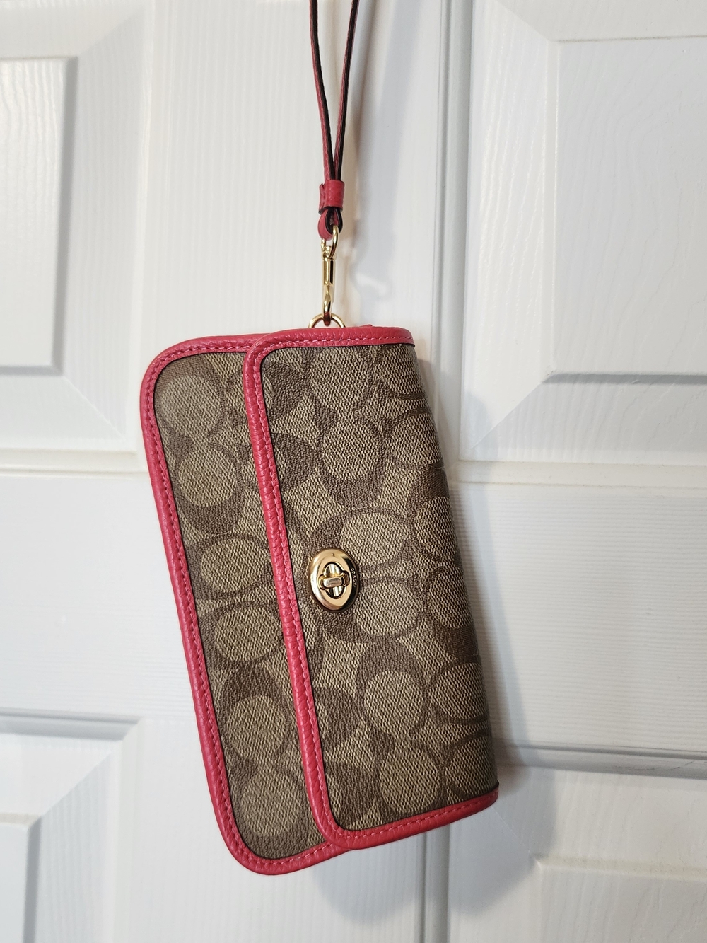 Coach Signature Canvas Wristlet in Tan with Pink Trim